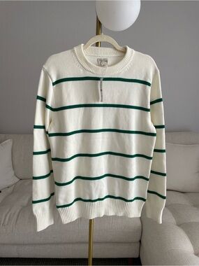 NWT J.Crew Heritage 100% Cotton Crewneck Sweater Ivory Jungle Green Stripe $118